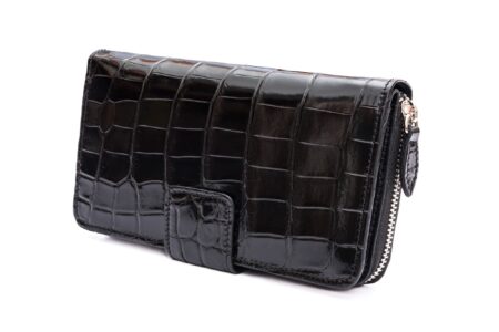 Portafoglio donna coccodrillo nero lucido con zip